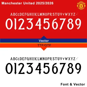 Manchester United 2025-2026 font character set in white on red and black on white. Includes letters and numbers for download.