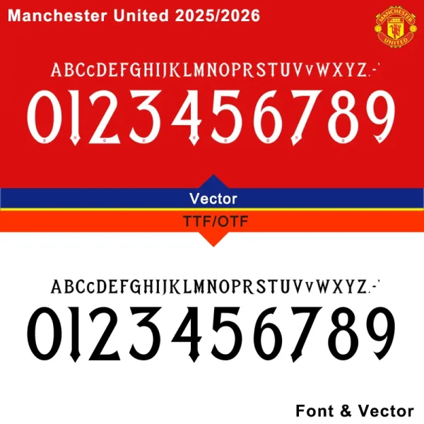 Manchester United 2025-2026 font character set in white on red and black on white. Includes letters and numbers for download.