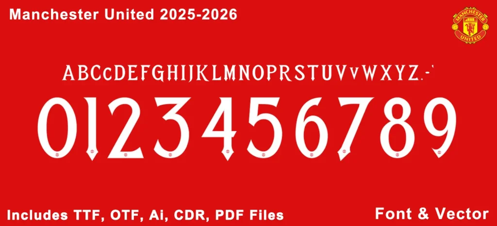 The official Manchester United font for the 2025-2026 season on a red background, showing the available file formats.