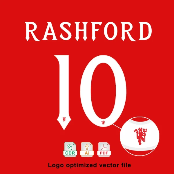 Example of the Man Utd 2025-2026 font on a Rashford 10 jersey back, with a close-up on the embedded vector logo.