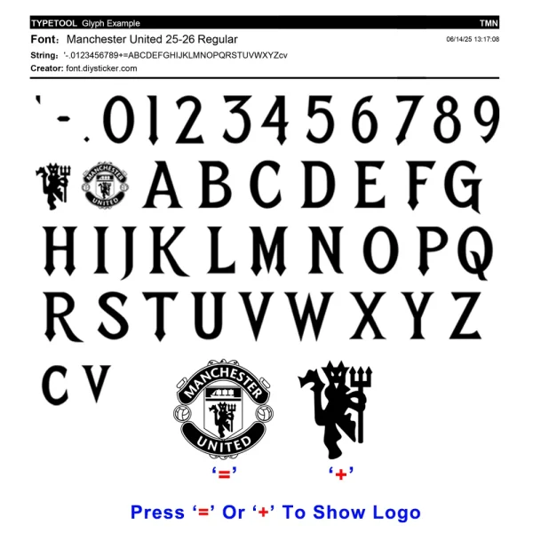 A glyph map of the Manchester United 2025-26 font showing all characters, numbers, and keyboard shortcuts for the logos.