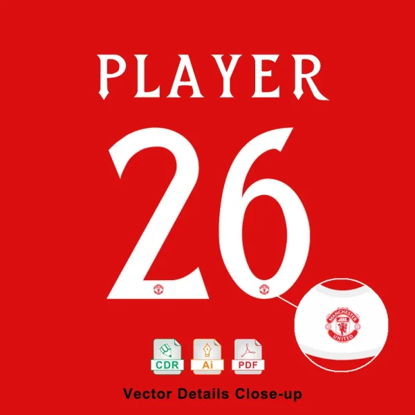 A close-up of the number 26 on a player jersey using the Man United 2025-2026 font, showing clean vector details.