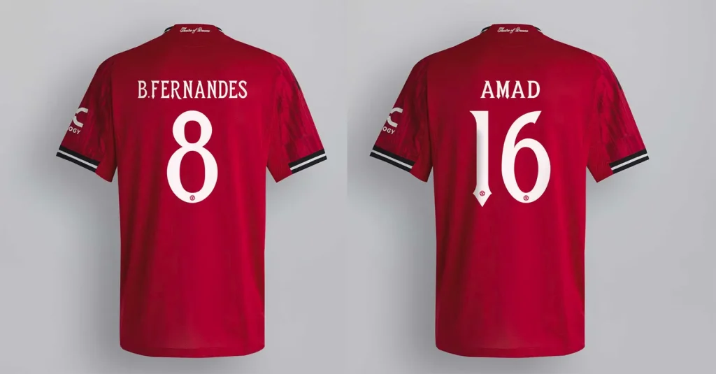 The new Manchester United 2025-2026 font shown on the back of B. Fernandes and Amad jerseys for the home kit.