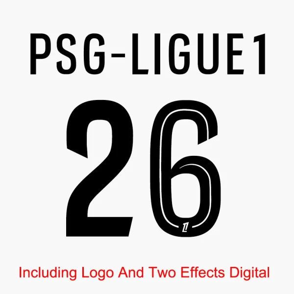 Paris Saint-Germain Ligue 1 2025/2026 font with "PSG-Ligue1 26" design including logo and effects.