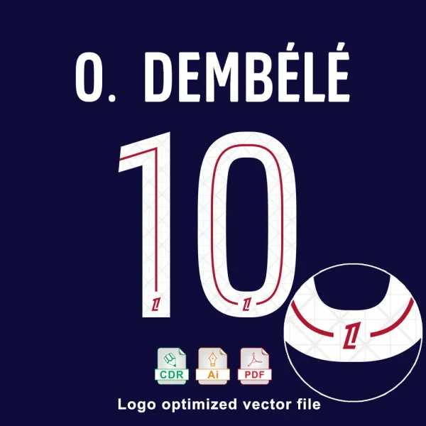 Paris Saint-Germain Ligue 1 2025/2026 font displaying "O. Dembélé 10" on a jersey design.