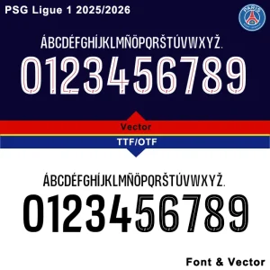 Official Paris Saint-Germain Ligue 1 2025/2026 font with numbers, letters, and vector file options.