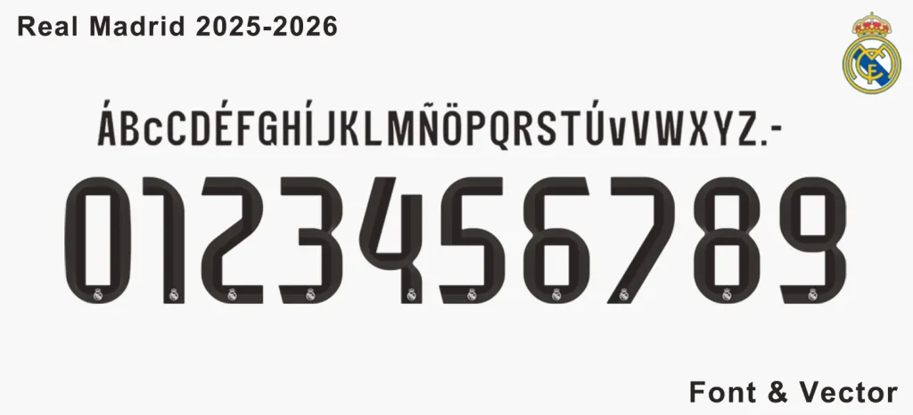 Multilingual character support in Real Madrid 2025/2026 font kit, showing accented uppercase letters including Á, É, Ñ and Ö for global usability.