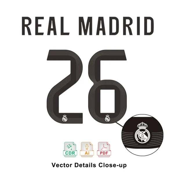 Close-up of number 26 from Real Madrid 2025/2026 font kit showing high-detail pattern and built-in club crest, optimized for vector formats.