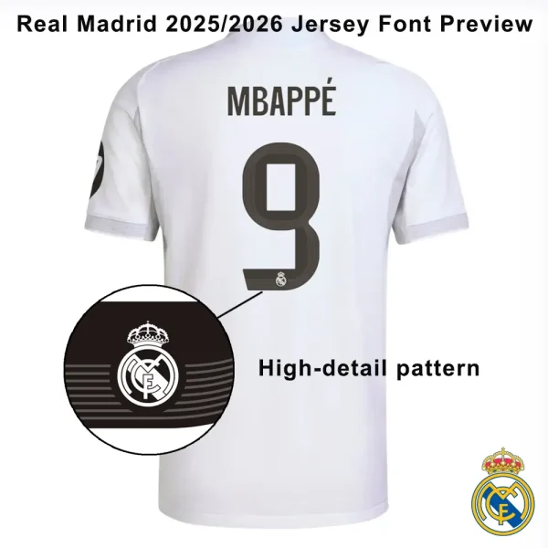 Real Madrid 2025/2026 kit font display with number “9”， demonstrating jersey typography with font support for TTF, OTF, SVG, and major design tools.