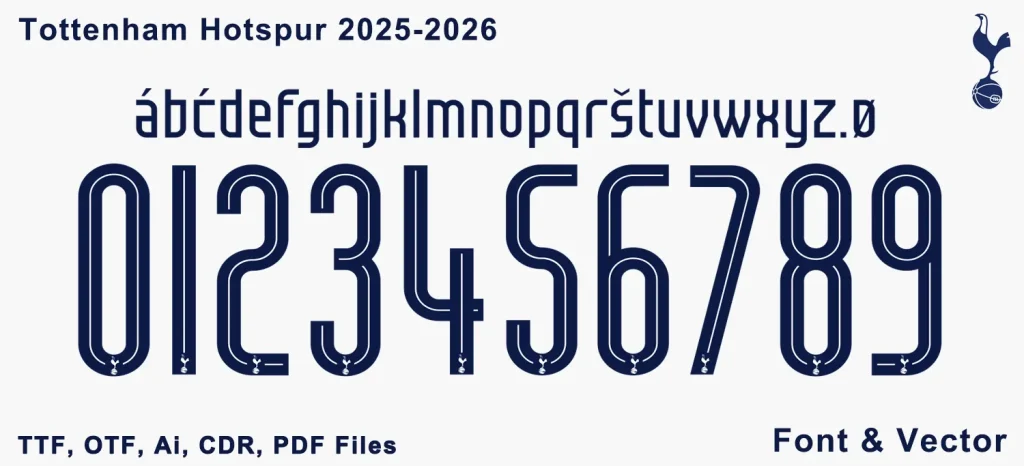 Tottenham Hotspur 2025/2026 Font glyph example with numbers, letters, and Spurs logo in black.