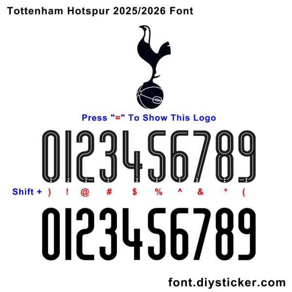 Tottenham Hotspur 2025/2026 Font with numbers and Tottenham logo, available for download from font.diysticker.com.