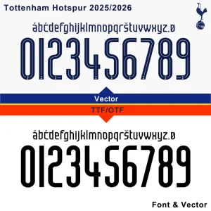 Official Tottenham Hotspur 2025/2026 Font with numbers and Spurs logo, available in TTF, OTF, AI, CDR, PDF formats.