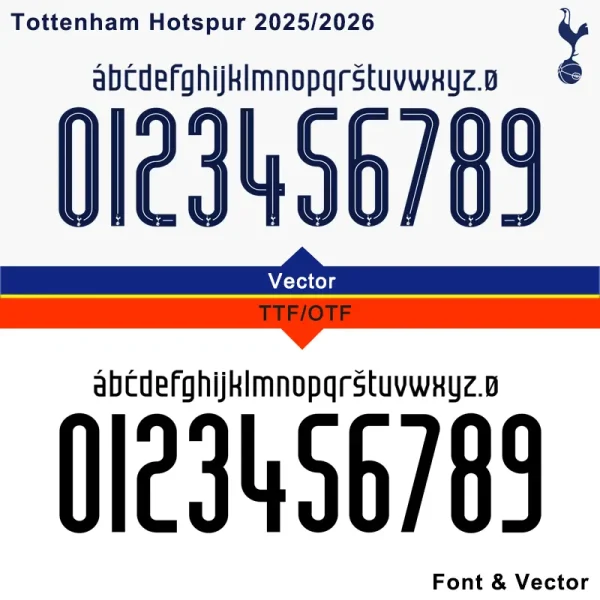 Official Tottenham Hotspur 2025/2026 Font with numbers and Spurs logo, available in TTF, OTF, AI, CDR, PDF formats.