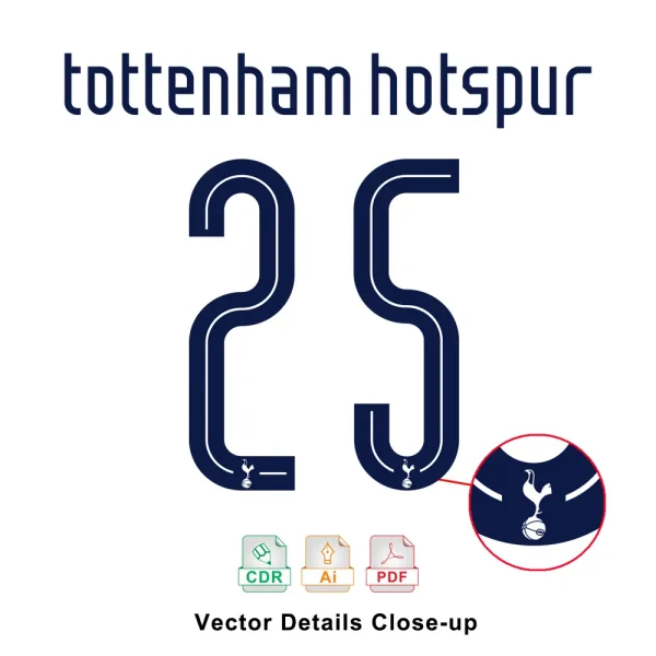 Tottenham Hotspur 2025/2026 Font with vector details, showing number 25 and close-up of logo.