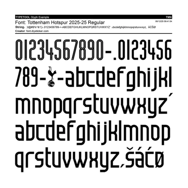 Tottenham Hotspur 2025/2026 Font glyph example with numbers, letters, Spurs logo and accented characters