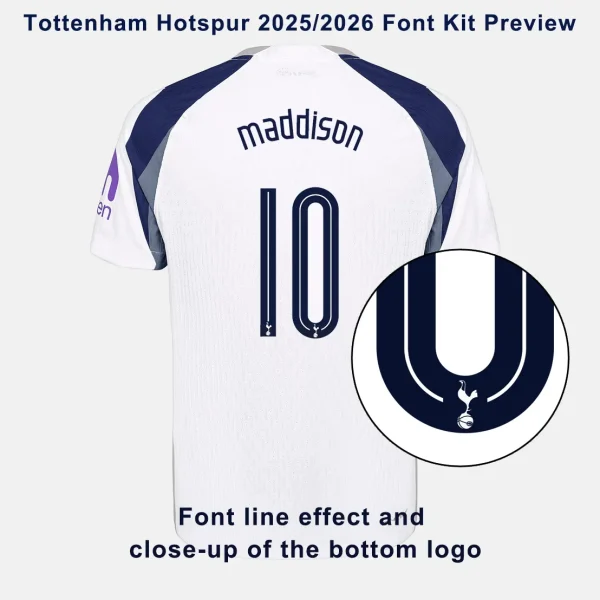 Tottenham Hotspur 2025/2026 Font on a jersey with player name and number 10, close-up of logo design.