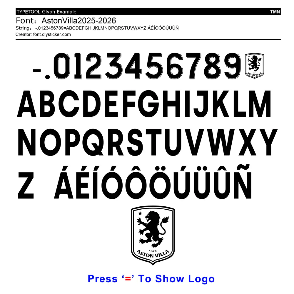 Aston Villa 2025-2026 font glyph map: numbers, uppercase letters, and special European characters.
