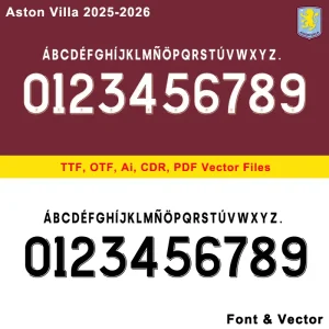 Aston Villa 2025-2026 football font alphabet and numbers. Package includes TTF, OTF, Ai, CDR, PDF Vector files.