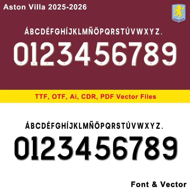Aston Villa 2025-2026 football font alphabet and numbers. Package includes TTF, OTF, Ai, CDR, PDF Vector files.