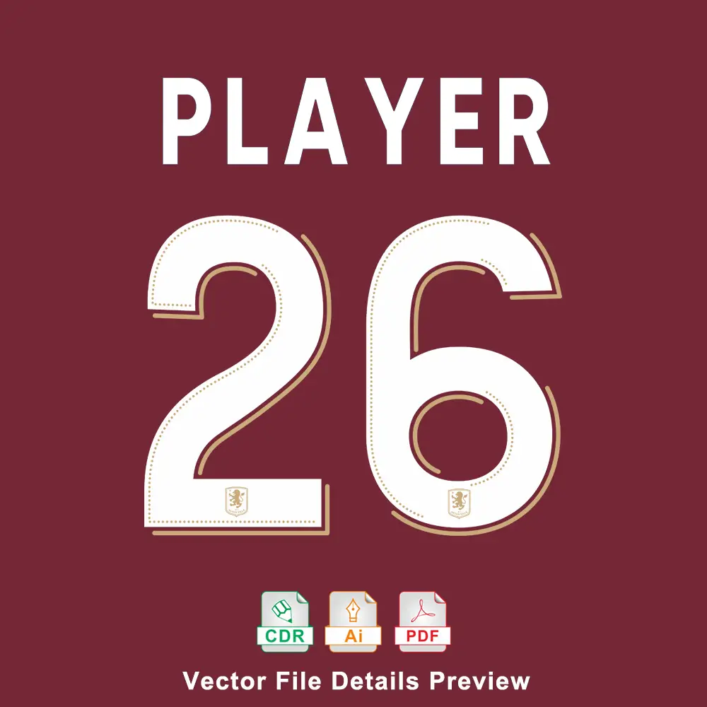 Aston Villa 2025-2026 player number 26 in white with crest detail. Includes CDR, AI, and PDF vector file icons.