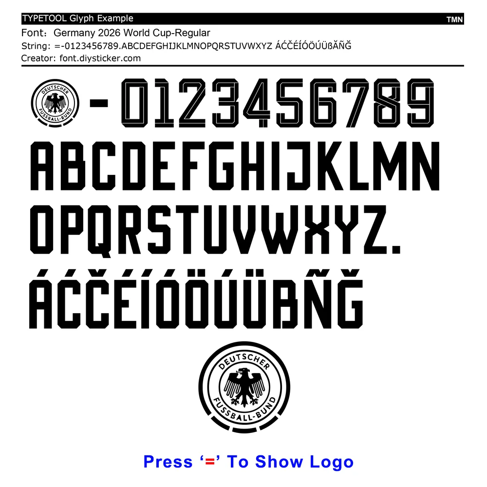 Germany 2026 World Cup font TYPETOOL preview showing numbers, alphabet, special characters, and DFB logo glyph.