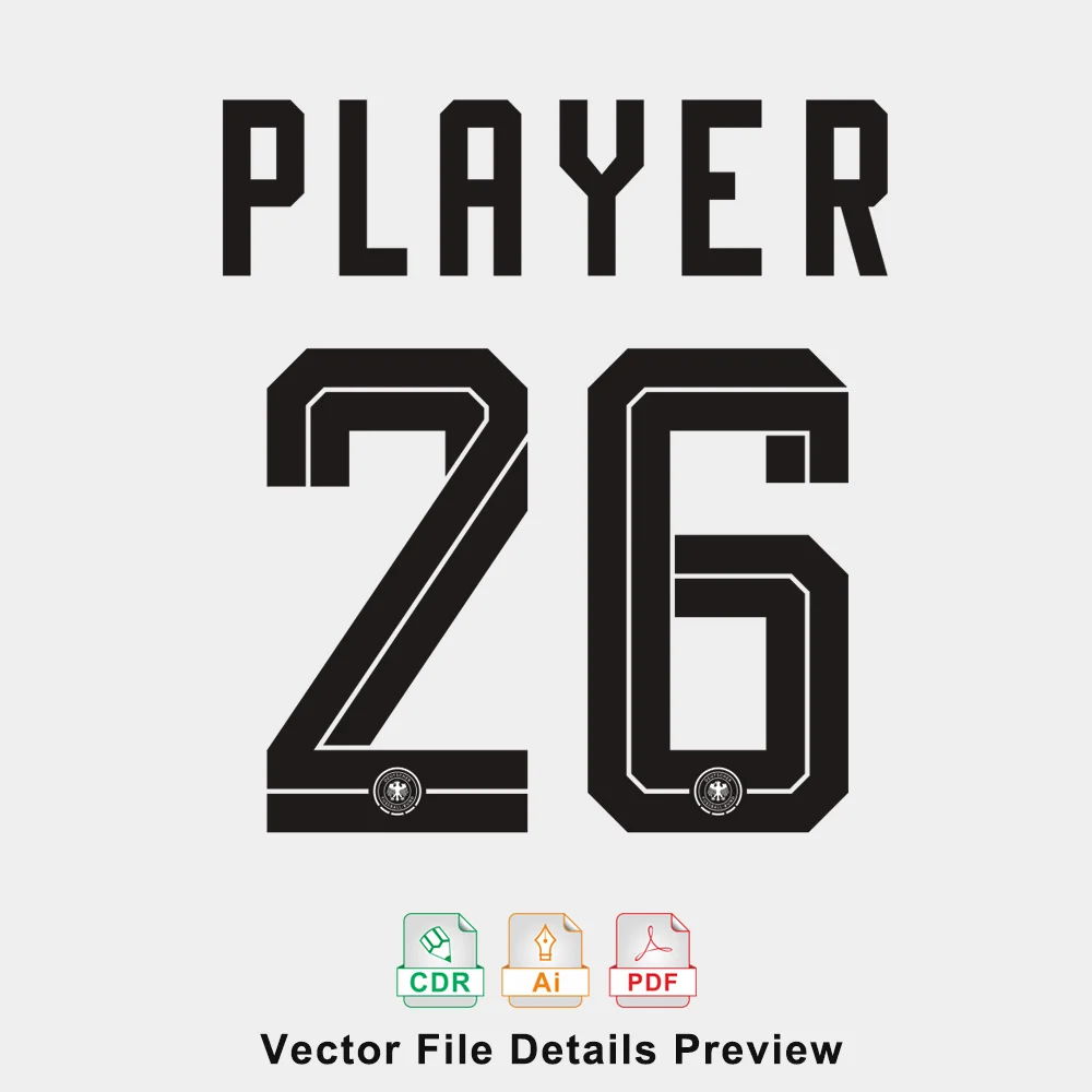 Germany 2026 World Cup jersey numbers 26 vector file preview with CDR, AI, PDF icons.