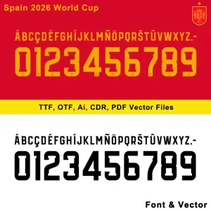 Spain 2026 World Cup Font showcase – stylized letters, numbers, and file formats (TTF, OTF, AI, CDR, PDF) on red and white backgrounds, ideal for Spanish sports design.