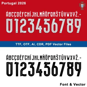 Portugal 2026 World Cup font download showing plain and detailed vector number styles in TTF OTF AI CDR PDF formats.