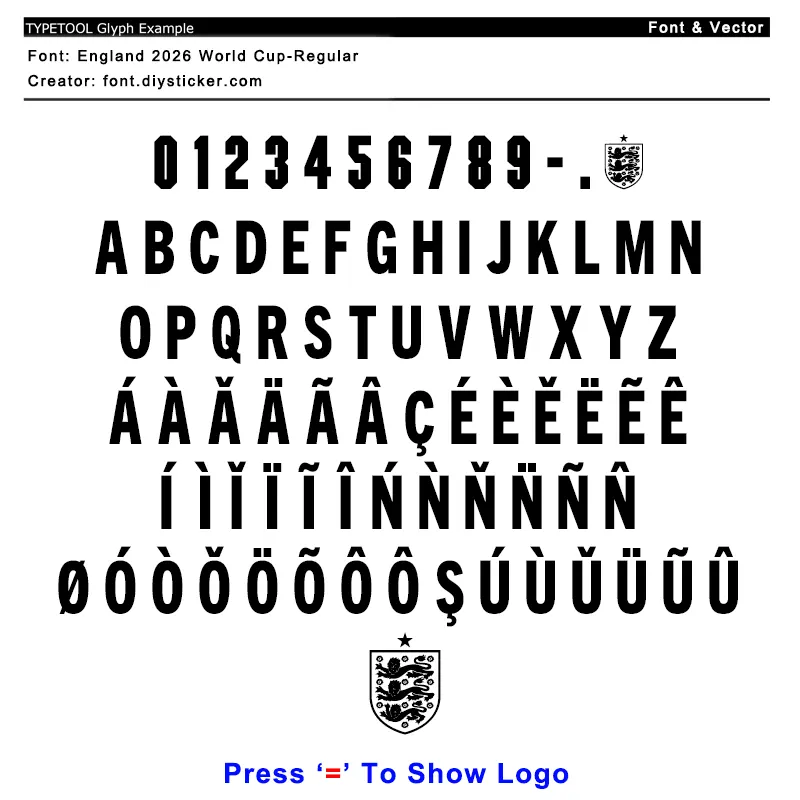 England 2026 World Cup Font Glyph Example – full character set, numbers, accents, and Three Lions crest preview