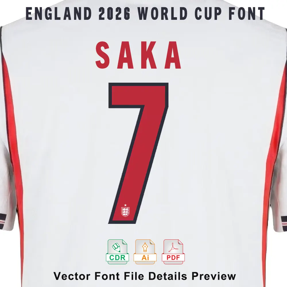England 2026 World Cup Font jersey preview – SAKA #7 on home white kit with red text and vector file icons