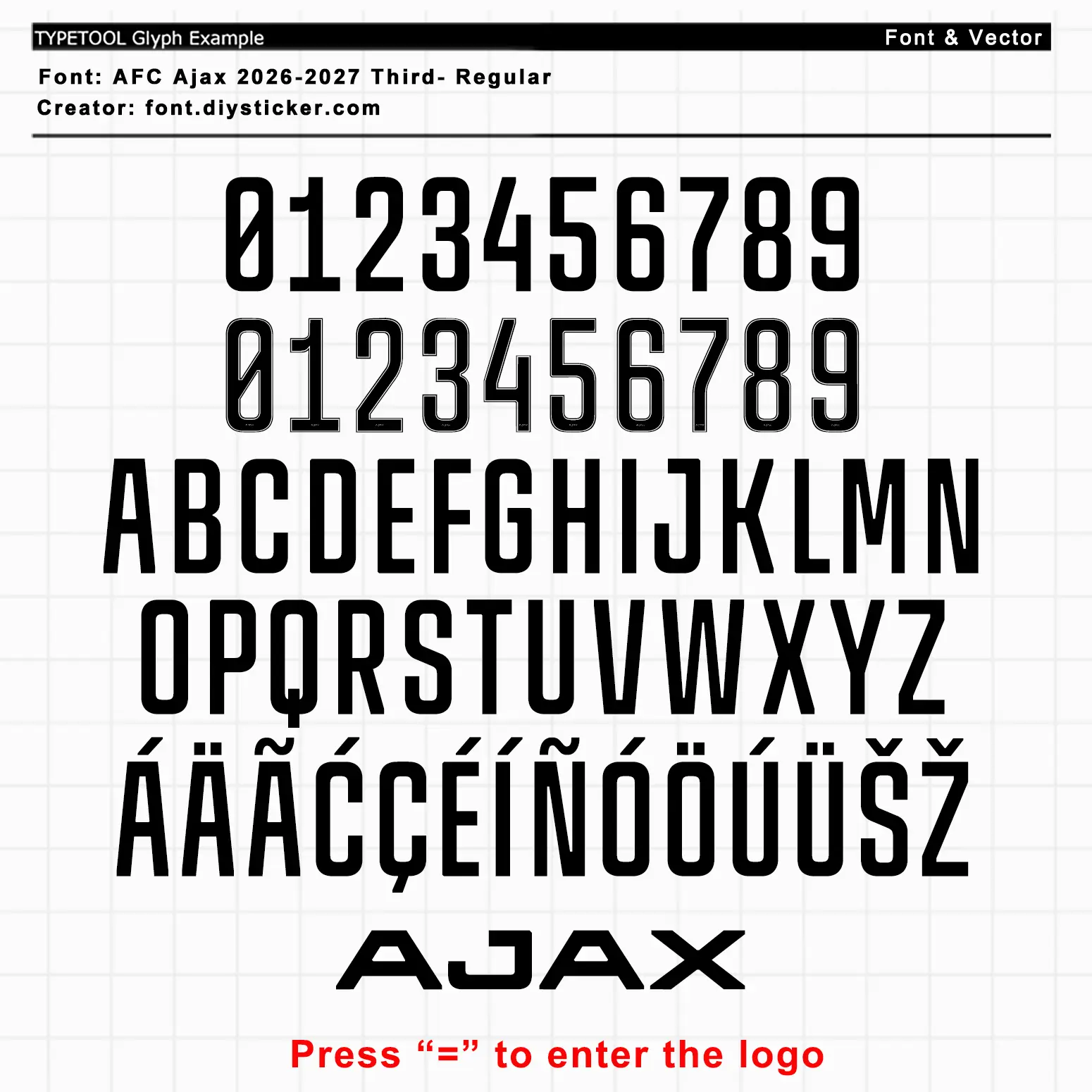 AFC Ajax 2026-2027 Third kit font glyphs: numbers, uppercase letters, accented characters, and AJAX logo