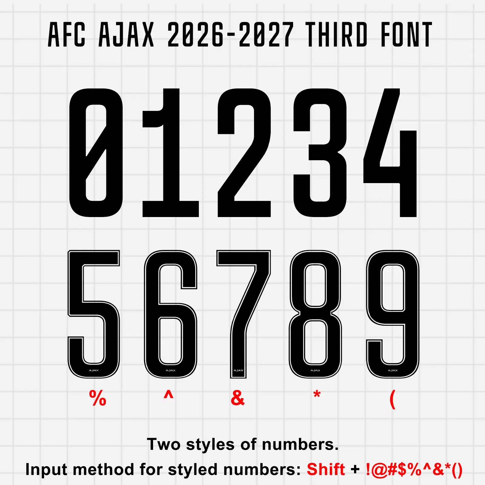 AFC Ajax 2026-2027 Third kit number styles: solid and outlined jersey fonts with shortcut keys