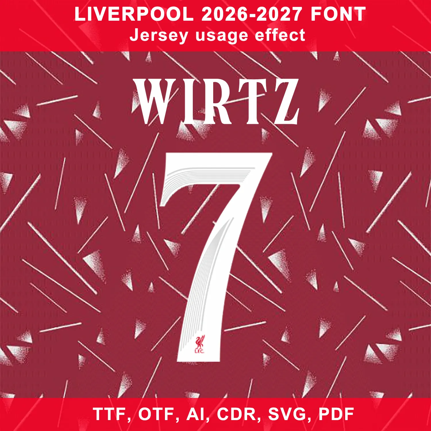 Liverpool Font Kit 2026/2027 practical display on red home football jersey