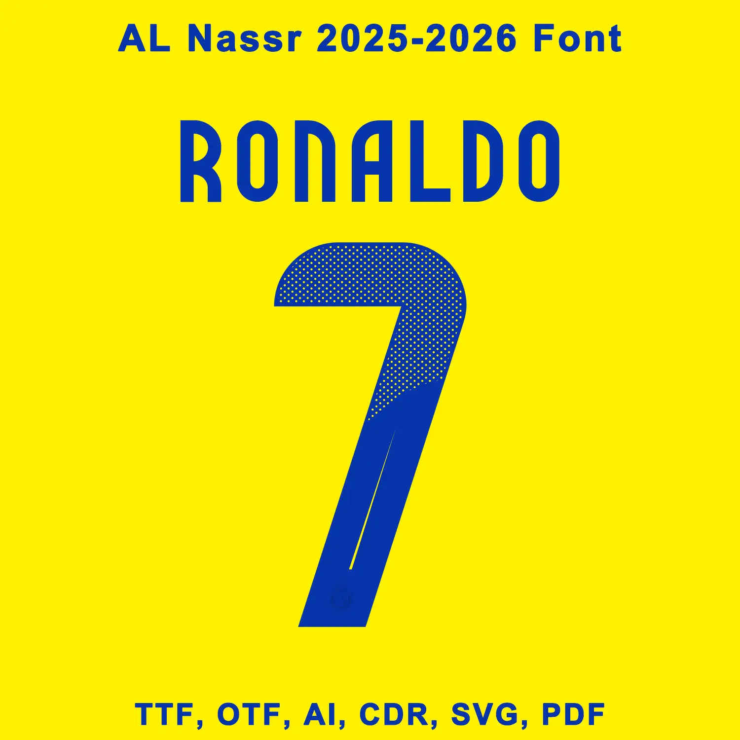 Al Nassr 2025/2026 jersey font example with player name RONALDO and number 7