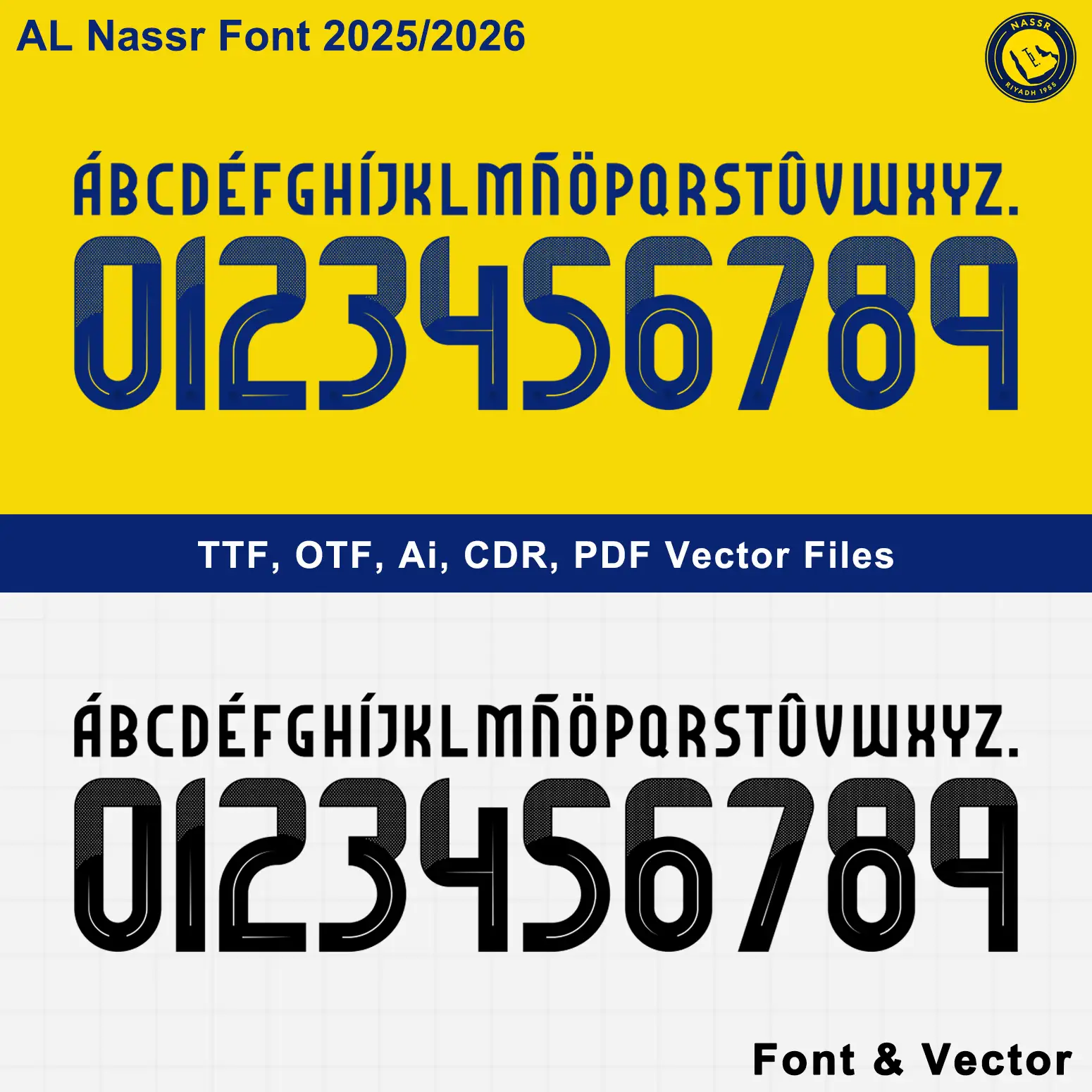 Al Nassr font 2025/2026 preview in blue and black with official crest details