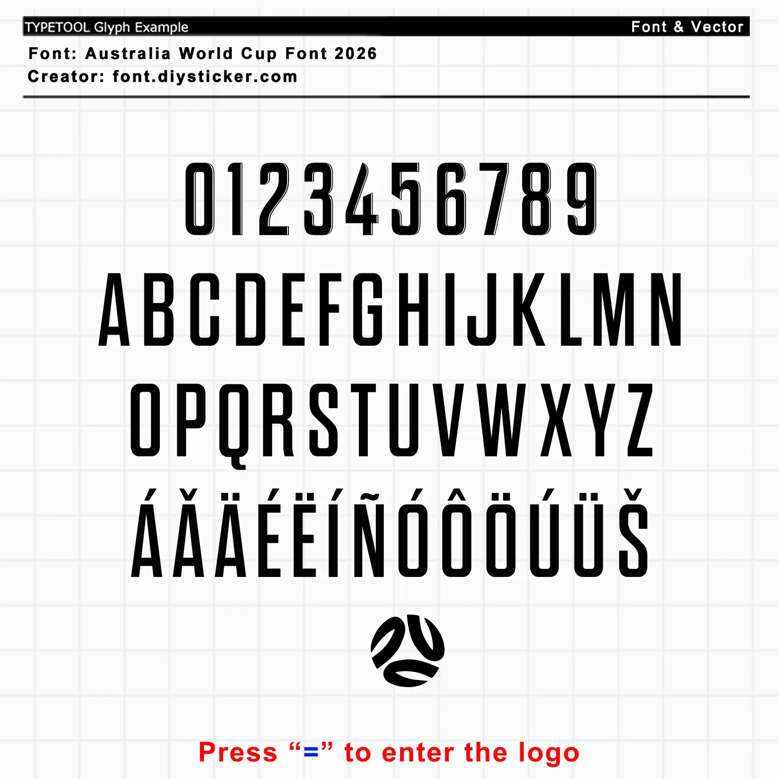 Australia 2026 World Cup jersey font full glyph set with letters, numbers and tournament emblem glyph