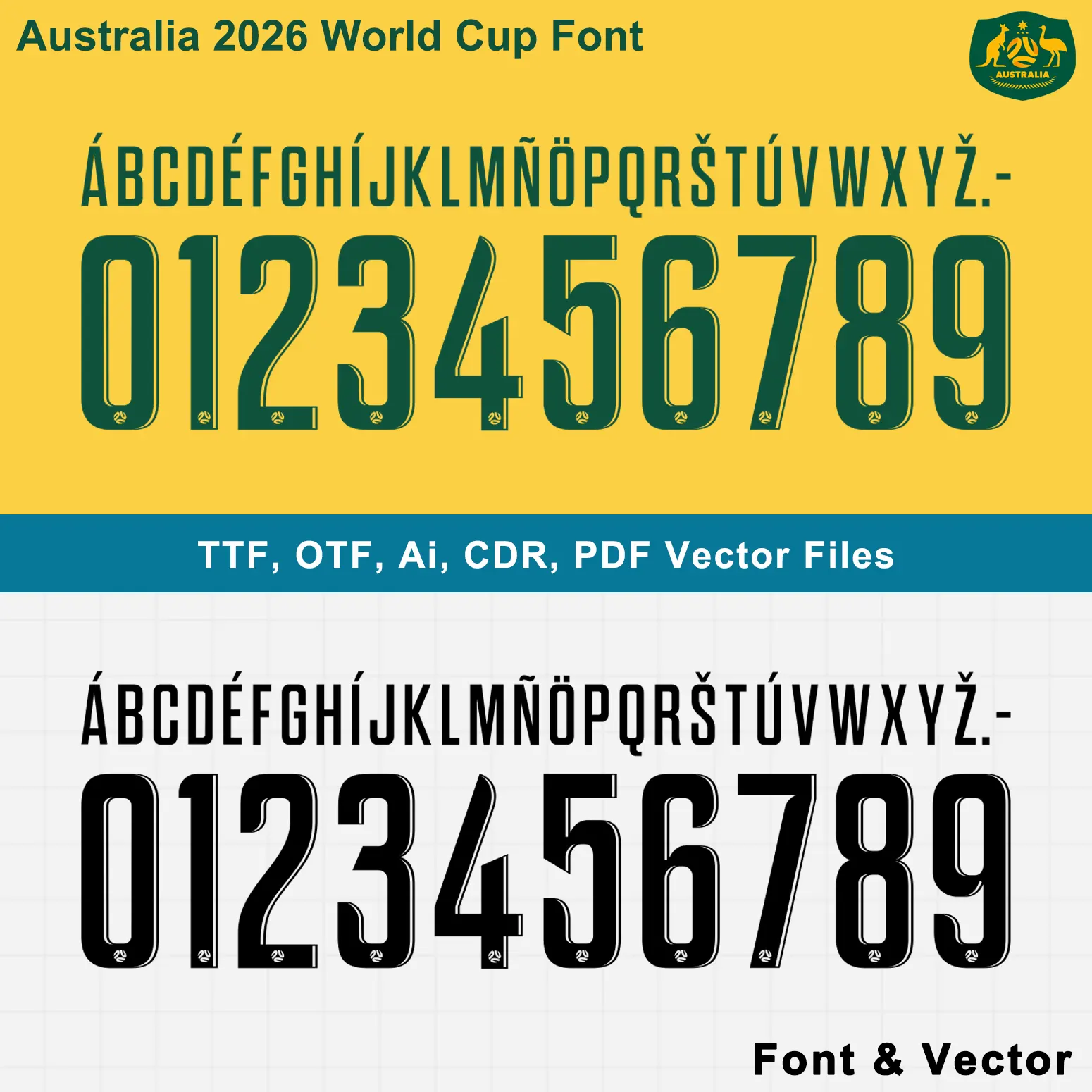 Australia Font 2026 World Cup kit dual color preview green and black vector set