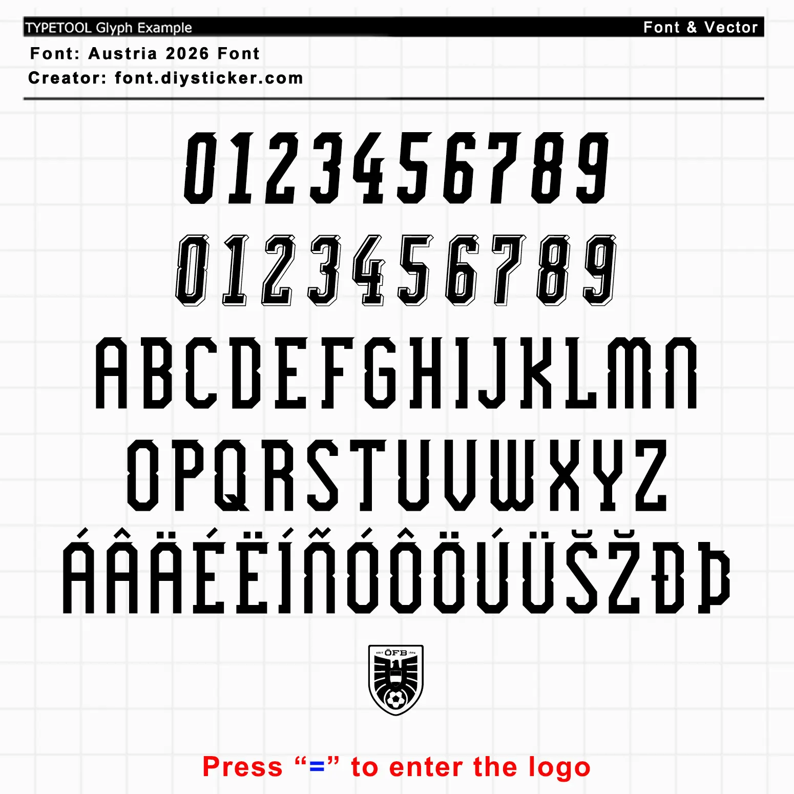 Austria 2026 World Cup font full glyph set with German accented letters, numbers and OFB crest