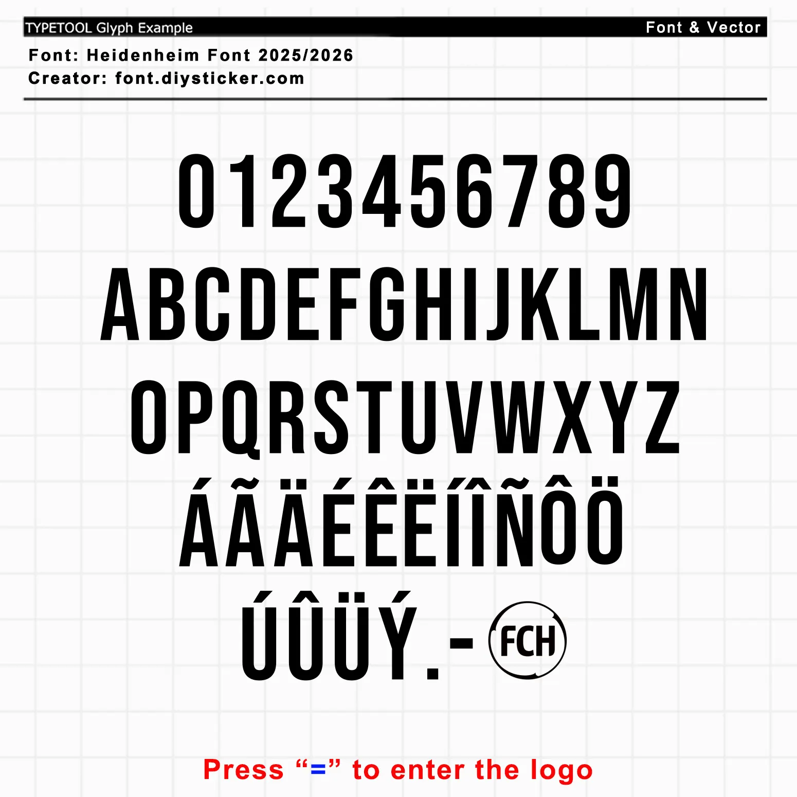 1. FC Heidenheim 2025/2026 jersey font glyph set with letters, numbers, and FCH crest