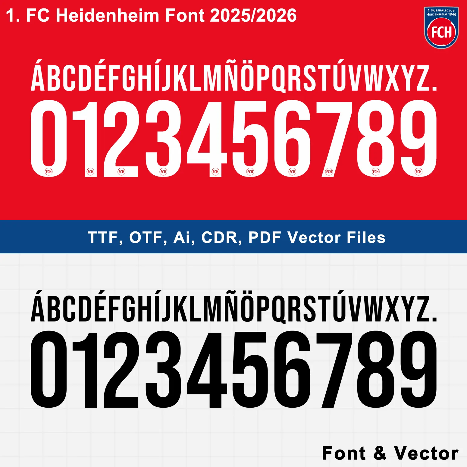 1. FC Heidenheim Font 2025/2026 jersey vector kit with letters, numbers, and crest glyph preview
