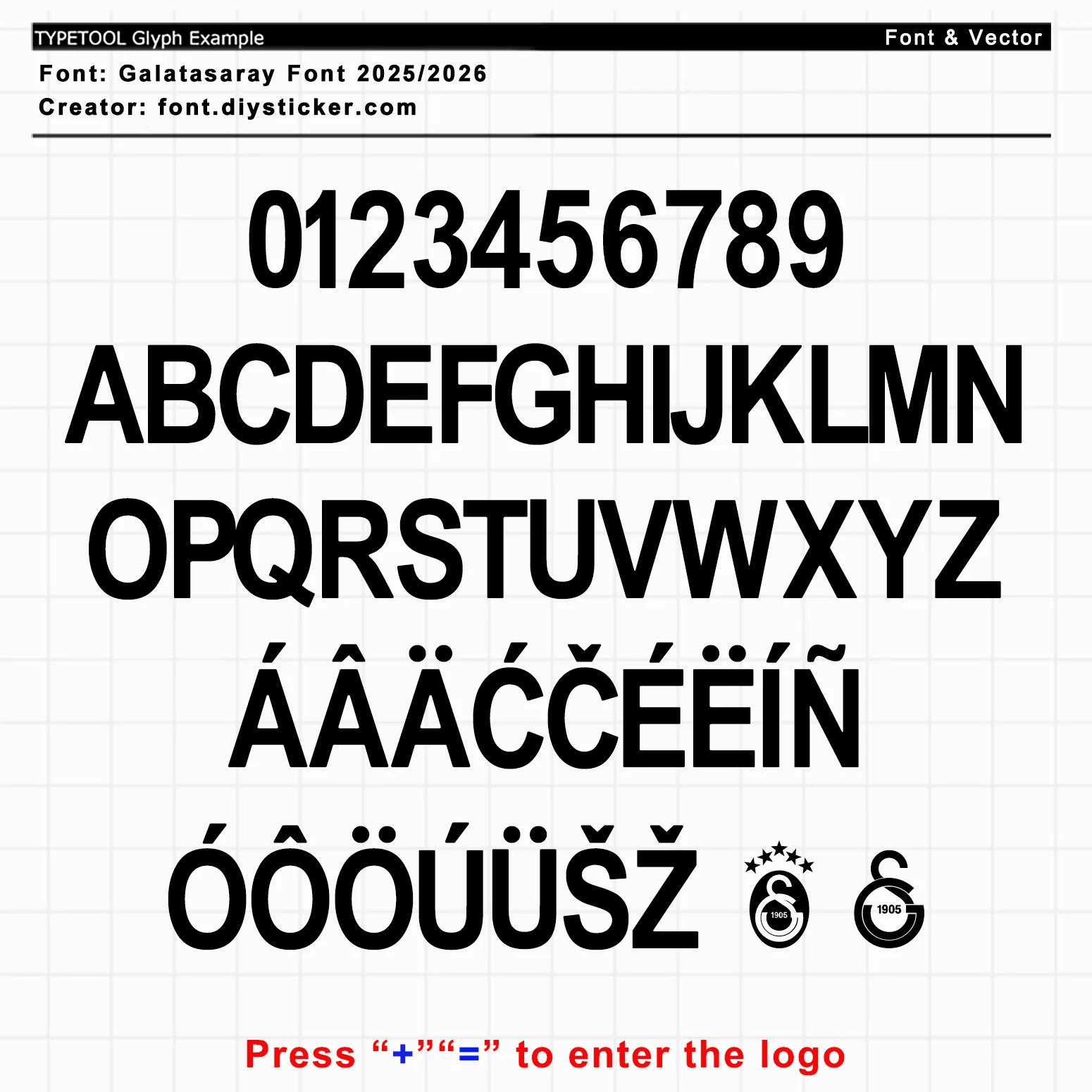 Galatasaray 2025/2026 jersey font glyph set with multilingual characters, numbers, and club crests