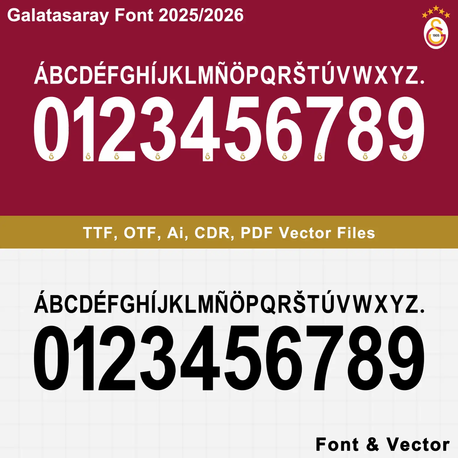 Galatasaray font 2025/2026 preview in maroon and black with crest details