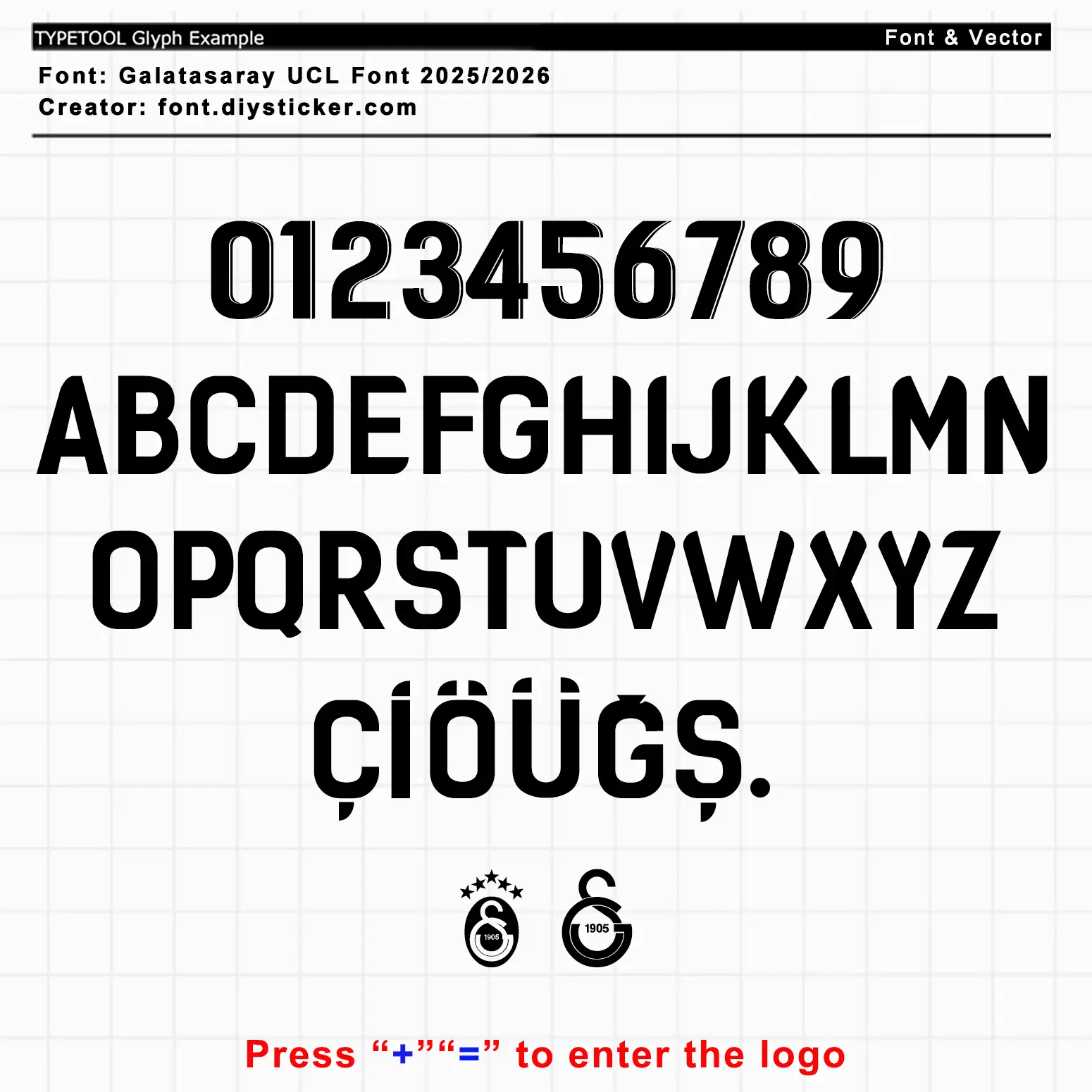 Galatasaray UCL 2025/2026 jersey font glyph set with Turkish characters, numbers, and club crests