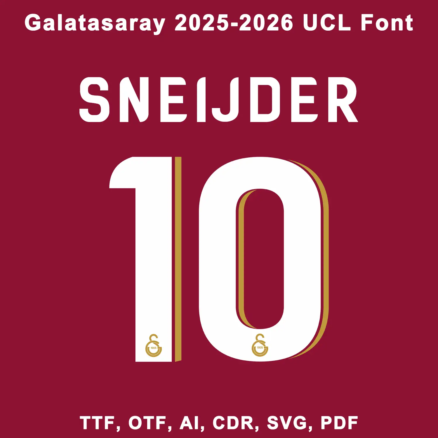 Galatasaray 2025/2026 UCL font example with player name SNEIJDER and number 10