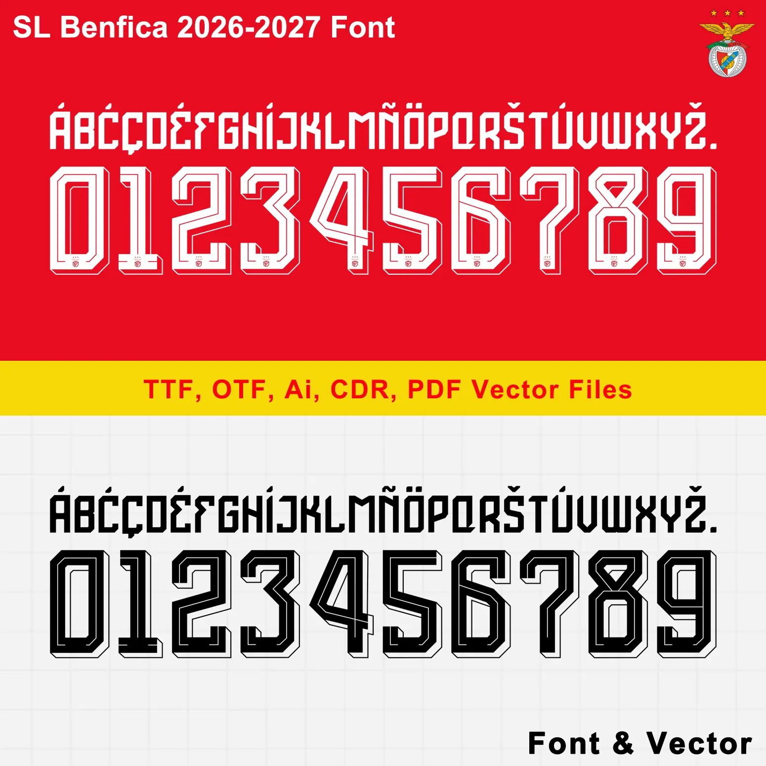 SL Benfica Font 2026/2027 jersey vector kit with letters, numbers, and crest glyph preview