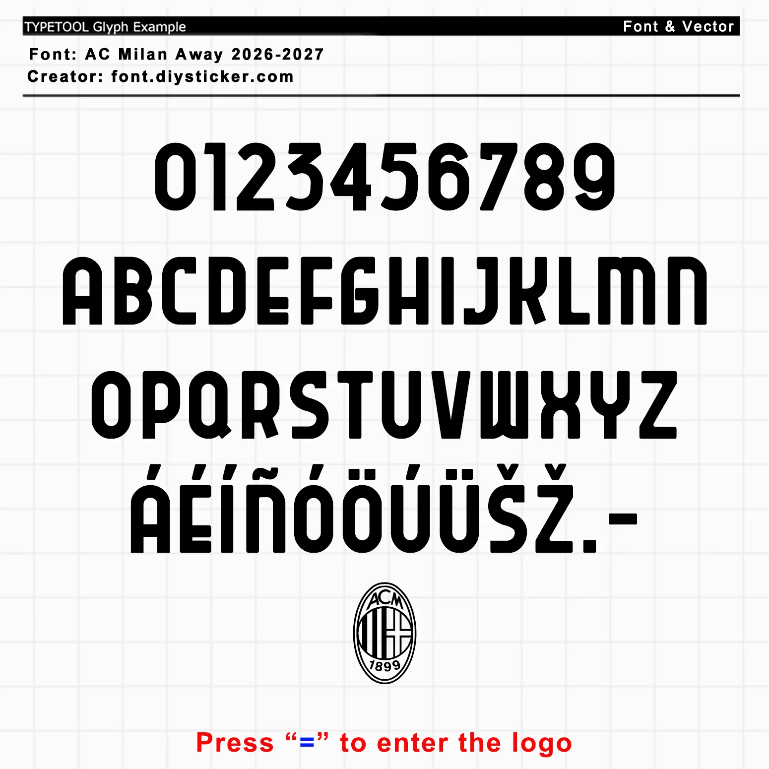 AC Milan 2026-27 away font full glyph set with European accented letters, numbers and AC Milan crest glyph