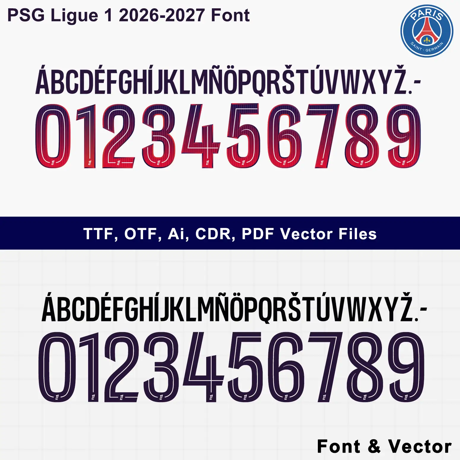 PSG 2026-2027 Ligue 1 away font dual gradient red & dark purple striped vector preview