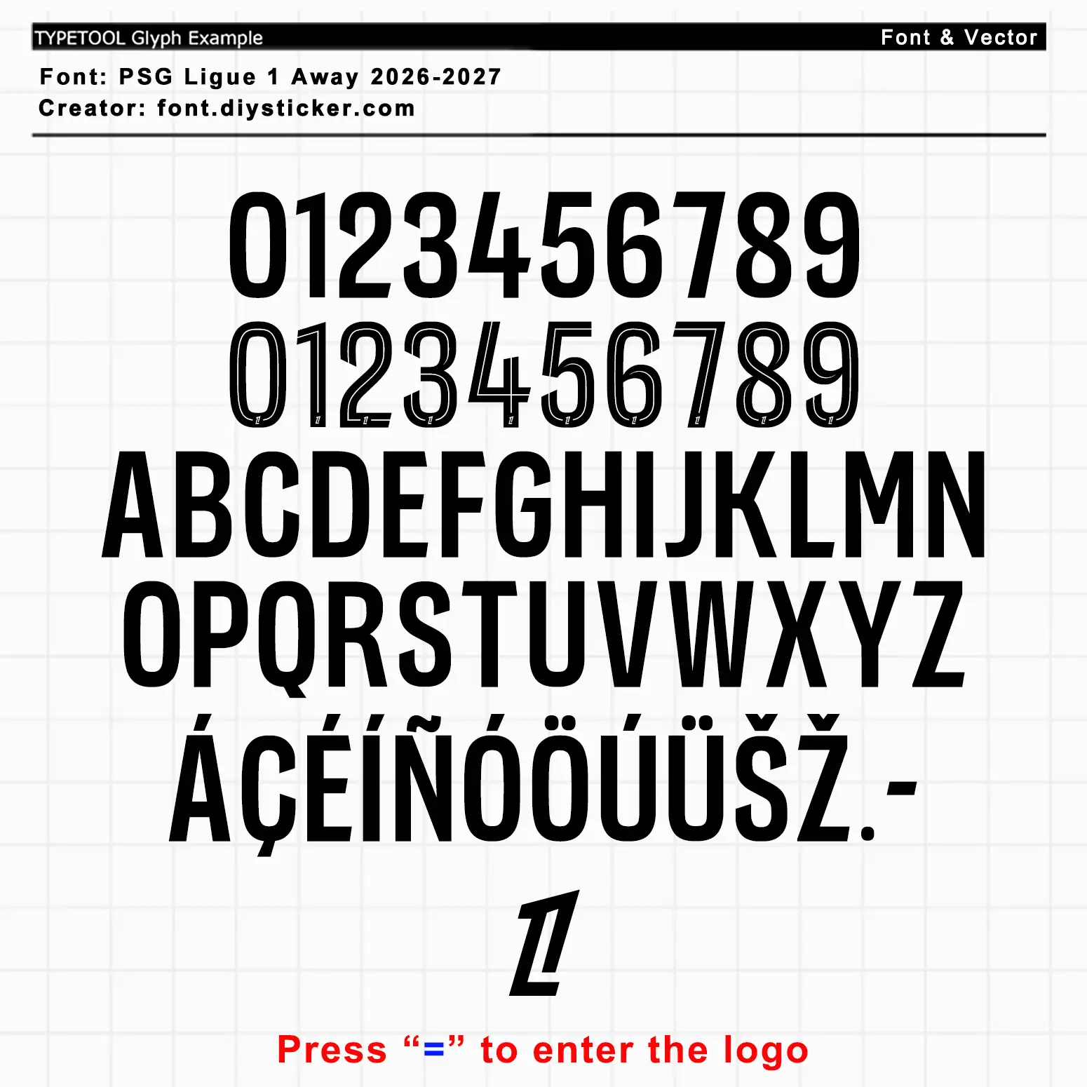 PSG 2026-27 Ligue 1 away font full glyph set with French accented letters, numbers and embedded logo glyph