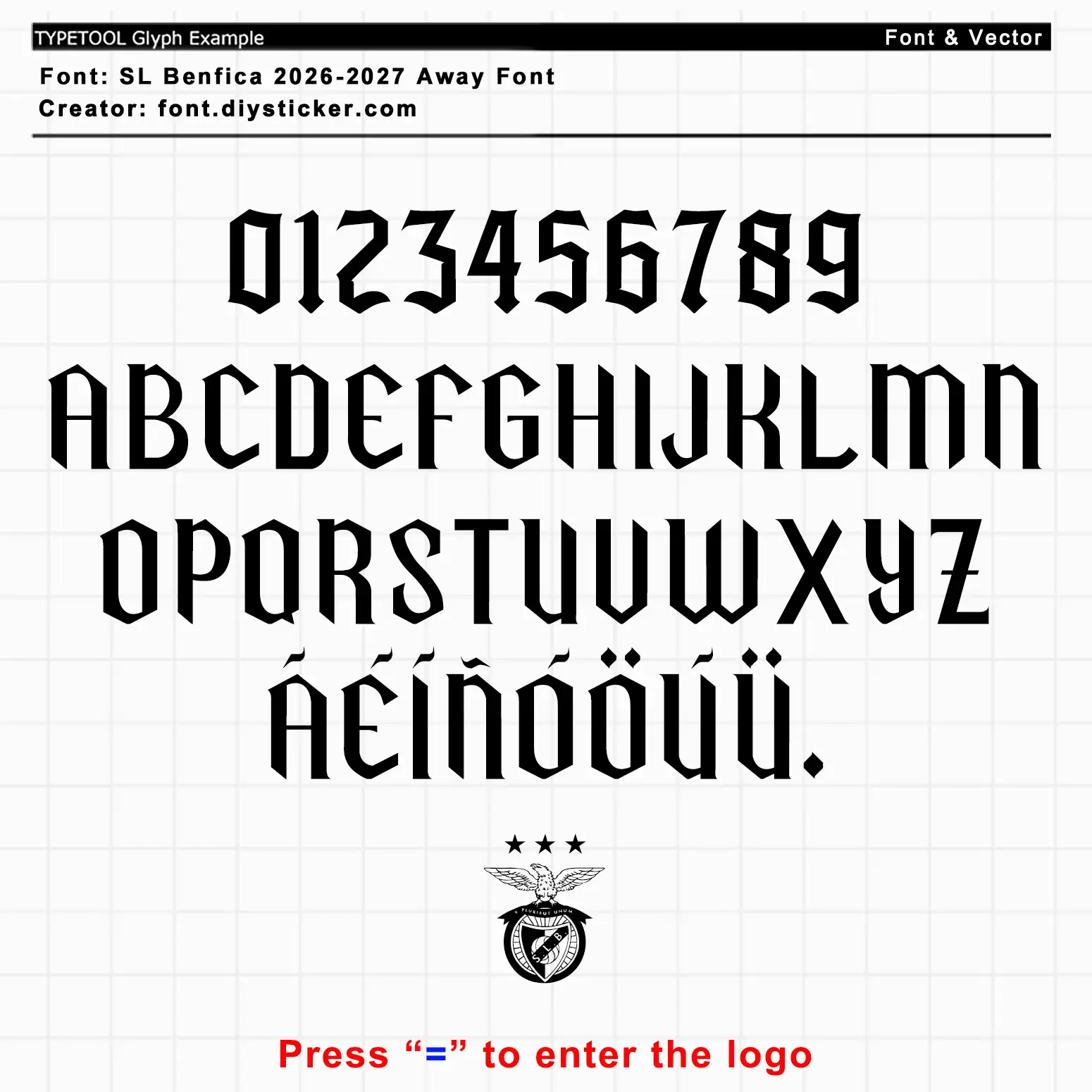 SL Benfica 2026-27 away font full glyph set with Portuguese accented letters, numbers and eagle crest glyph