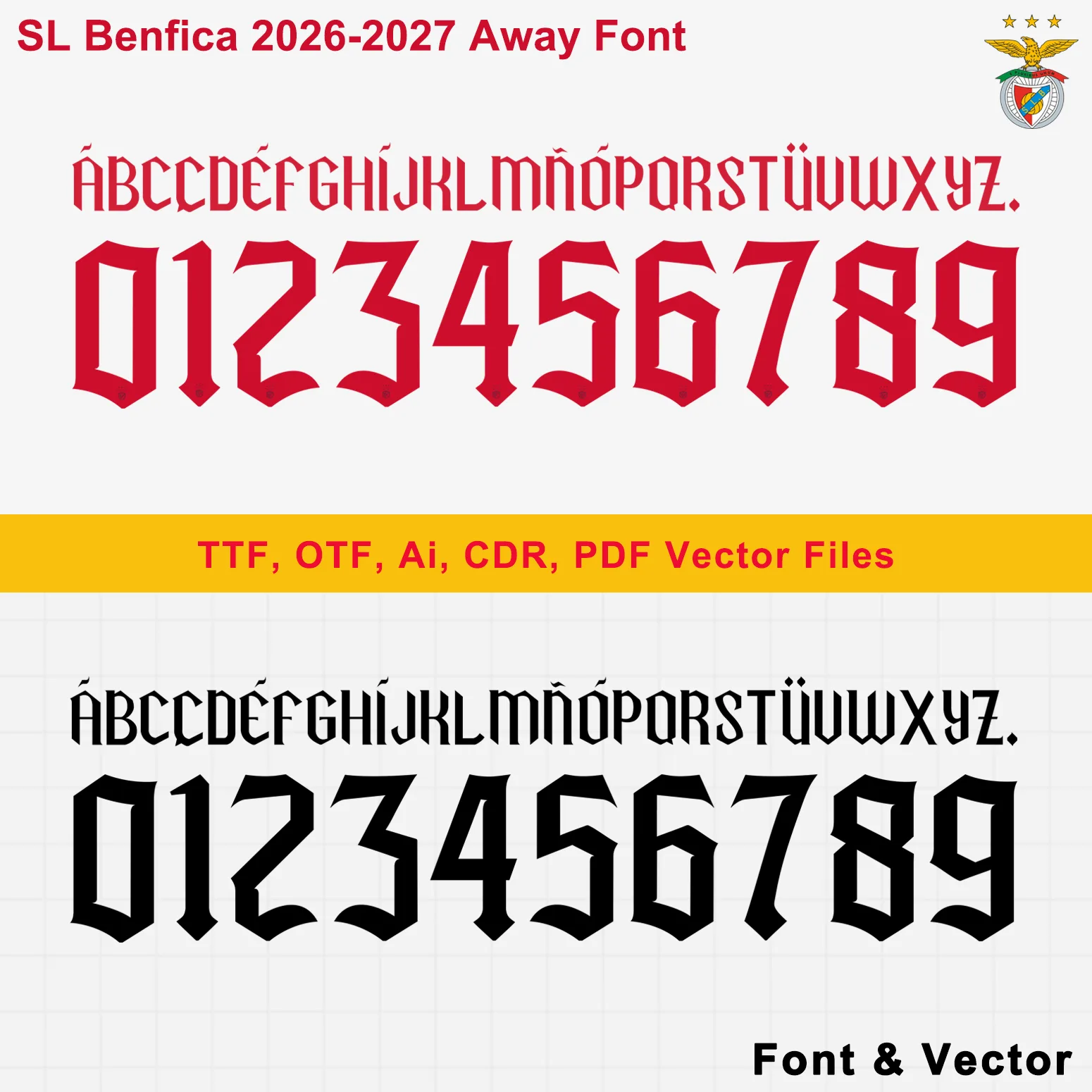 SL Benfica 2026-2027 away font dual red & black gothic serif vector preview